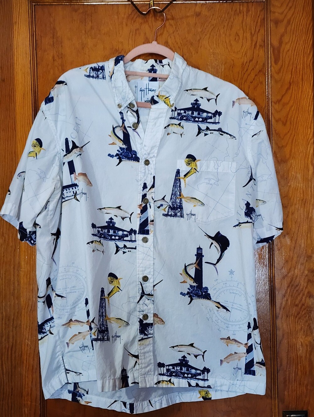 Guy Harvey AFTCO Bluewater Men L Vintage Lighthouse Toile Fishing Camp Shirt.